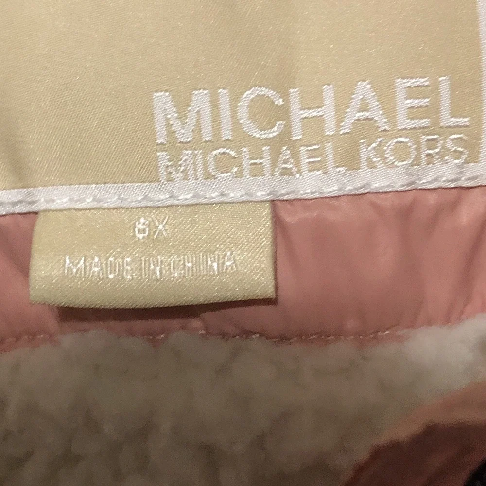 MICHAEL KORS Girls Puffer Zip Jacket Hooded Faux Fur Lined Blush Pink Sz‎ 6X EUC